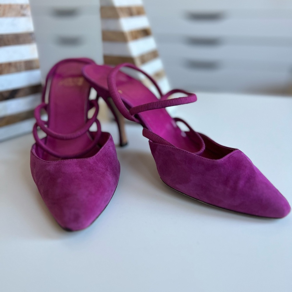 VTG 80s Allure magenta suede mule pumps sz 7 double strap heel strap pointed toe